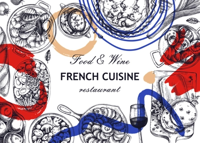 Collage-style French food frame design. Vintage food and wine sketches. Restaurant menu. France background. Hand-drawn vector illustration, NOT AI generated